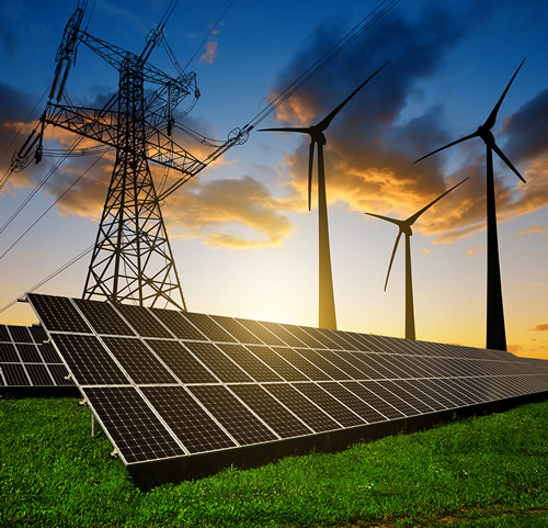 An array of solar panels under a clear blue sky.